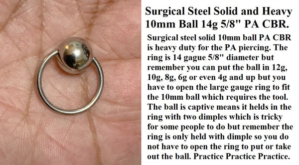 Sterilized Surgical Steel 14g 5/8" dia 10mm dia Solid n Heavy Ball PA CBR.