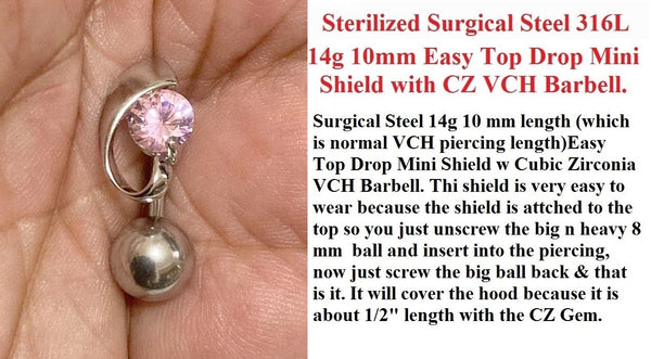 Surgical Steel 14g 10mm Length Easy Top Drop PINK MINI SHIELD VCH Barbell
