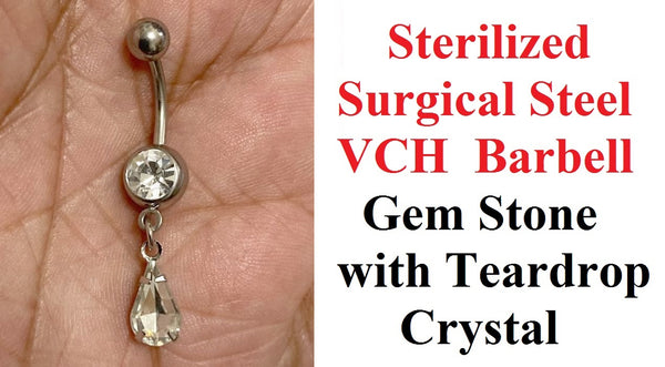 Surgical Steel 14g 10mm Length Gem with dangle TEARDROP crystal VCH Barbell.