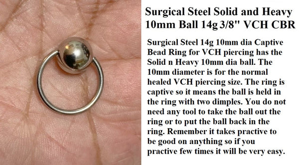 Sterilized Surgical Steel 14g 3/8" dia 10mm dia Solid n Heavy Ball VCH CBR.