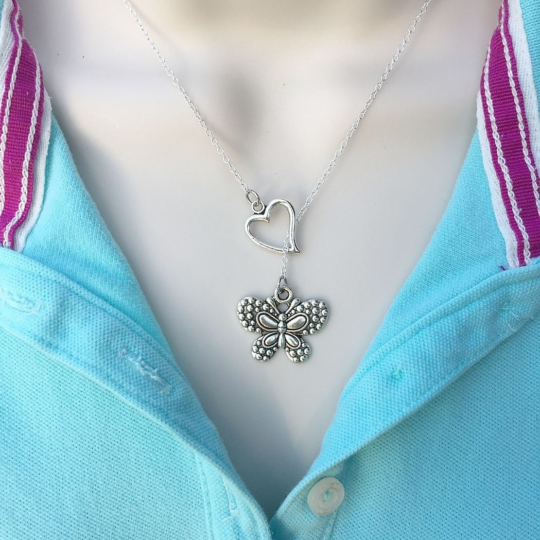 I Love Butterfly Handcrafted Silver Lariat Y Necklace.