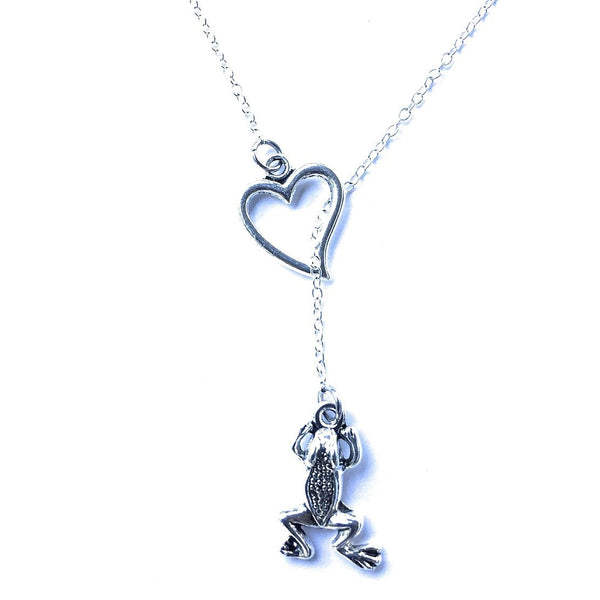 I Love Frogs Handcrafted Silver Lariat Y Necklace.