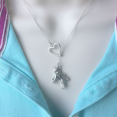 I Love Unicorn Silver Lariat Necklace.