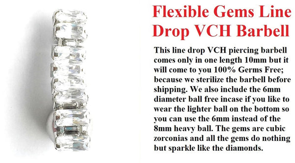 8 Baguettes CZ Line Drop VCH Barbell w Heavy Ball for Extra Pressure.