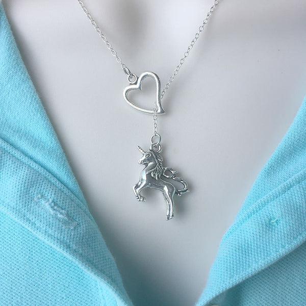 I Love Unicorn Silver Lariat Necklace.