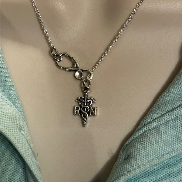 Stethoscope & Caduceus Necklace Lariat Style. Gift for EMT, RN, MD.