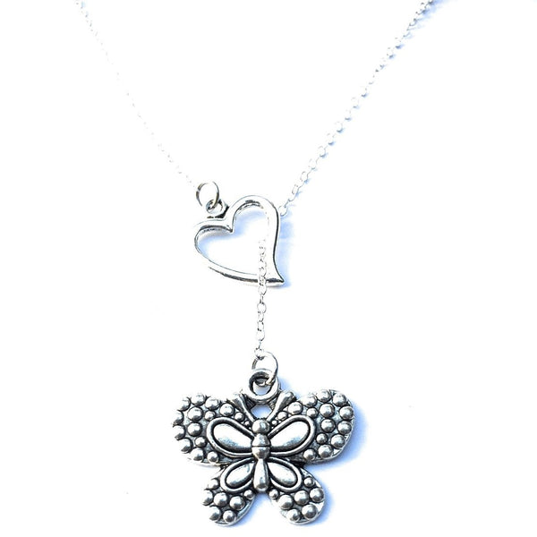 I Love Butterfly Handcrafted Silver Lariat Y Necklace.