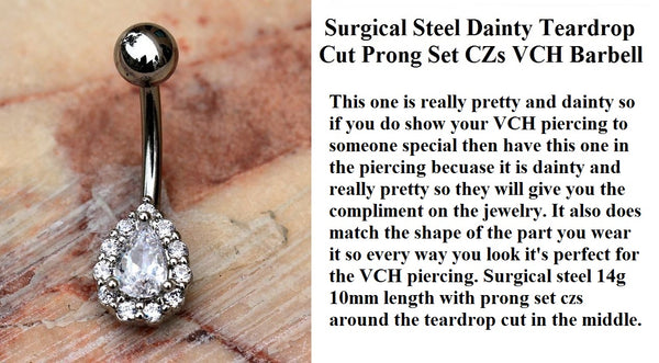 Surgical Steel Beautiful and DAINTY Prong Set CZs Teardrop 14g VCH Barbell.