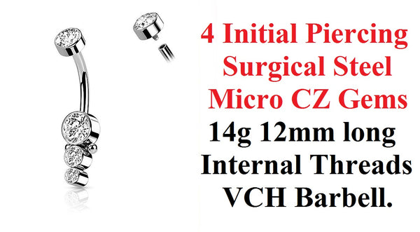 For Initial Piercing Surgical Steel INTERNALLY THREADED MICRO CZs VCH Barbell.
