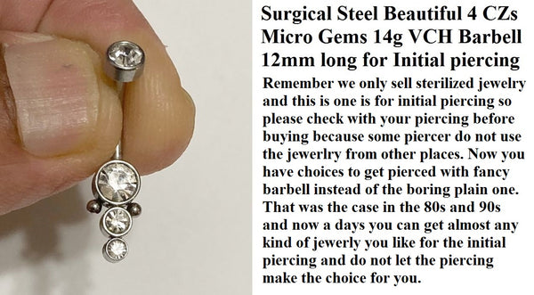 For Initial Piercing Surgical Steel INTERNALLY THREADED MICRO CZs VCH Barbell.