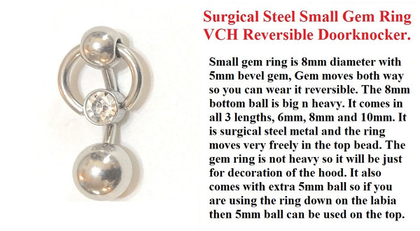 Surgical Steel Small Gem Ring REVERSIBLE VCH Doorknocker with Heavy bottom ball.