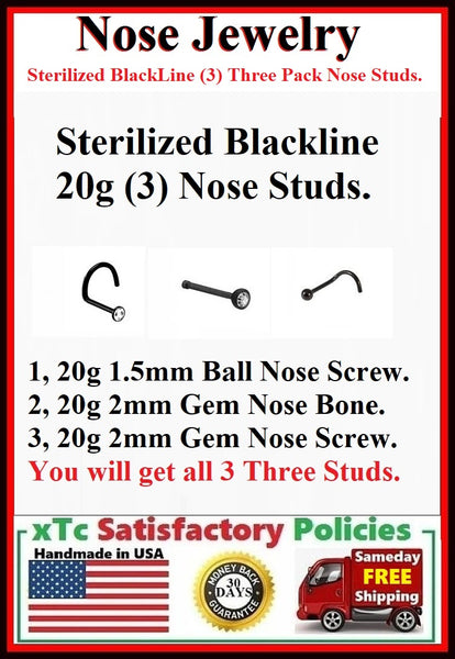 3 STERILIZED Blackline 20g Beautiful Black Nose Studs.