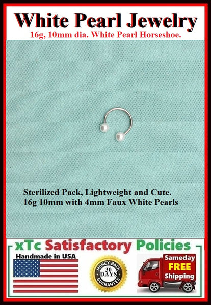 Sterilized Surgical Steel 16g, Faux White Pearl Balls SEPTUM Horseshoe.