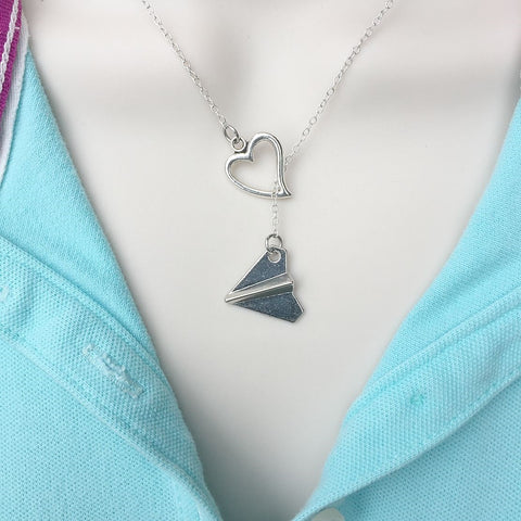 I Love Harry Style Paper Plane Handcrafted Silver Lariat Y Necklace.