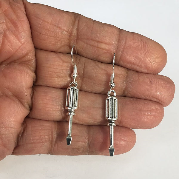 Quirky Screw Driver Silver Dangle Earrings.