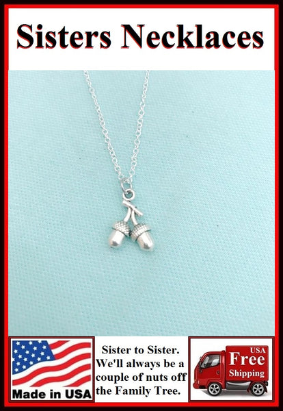Perfect Gift for SISTER; CARDED Silver Couple of ACORNS Charm Necklace.
