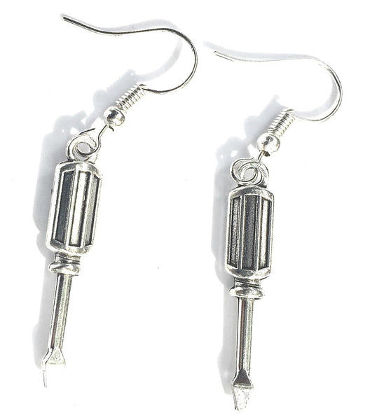 Quirky Screw Driver Silver Dangle Earrings.