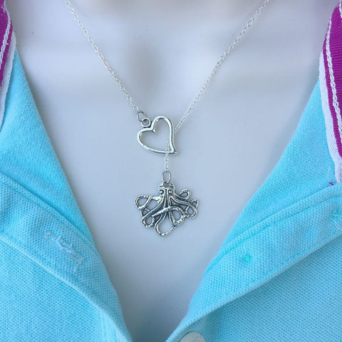 I Love Octopus Handcrafted Silver Lariat Y Necklace.