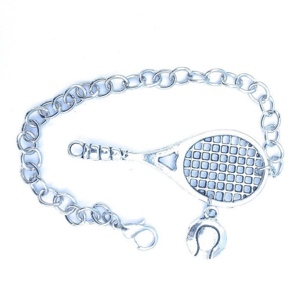 Handcrafted Tennis Racket and Ball Silver Charms Steel Bracelet.