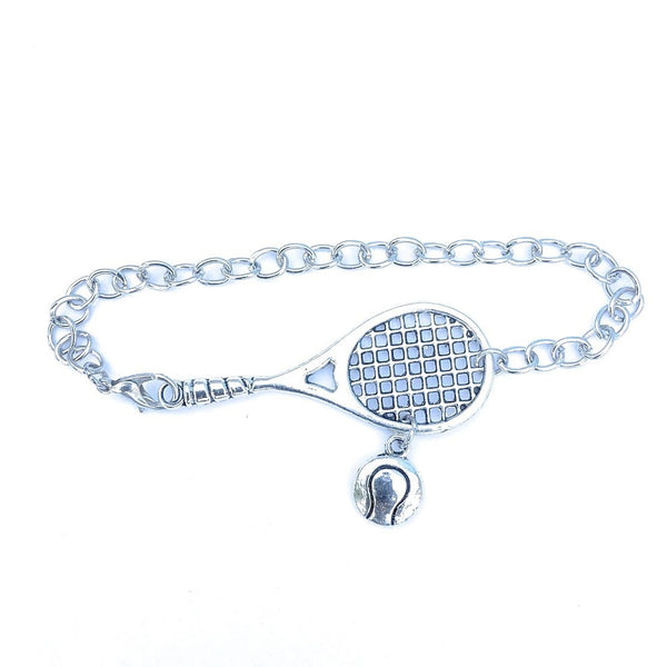 Handcrafted Tennis Racket and Ball Silver Charms Steel Bracelet.