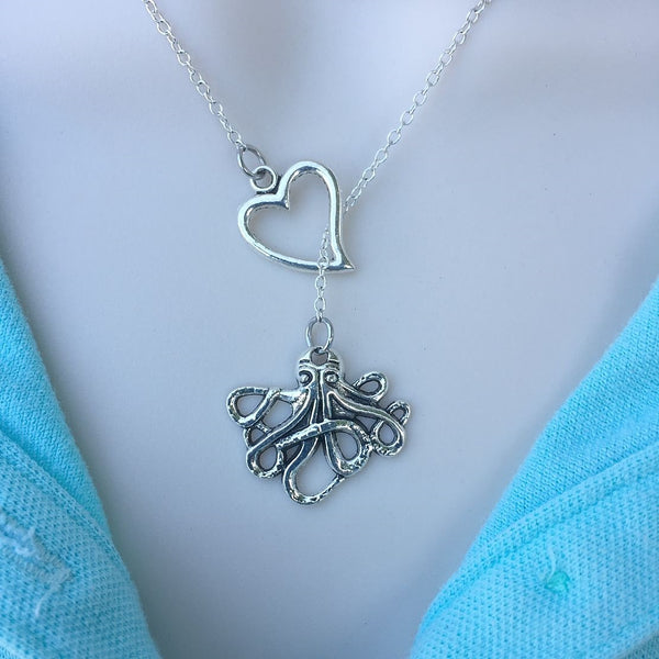 I Love Octopus Handcrafted Silver Lariat Y Necklace.