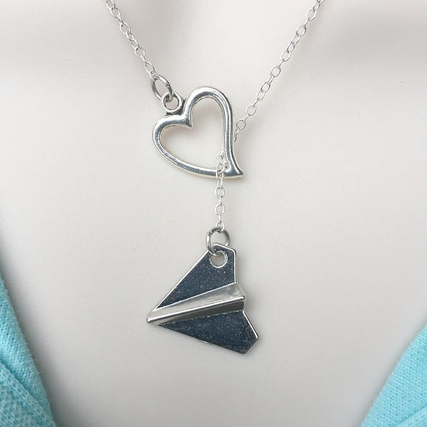 I Love Harry Style Paper Plane Handcrafted Silver Lariat Y Necklace.