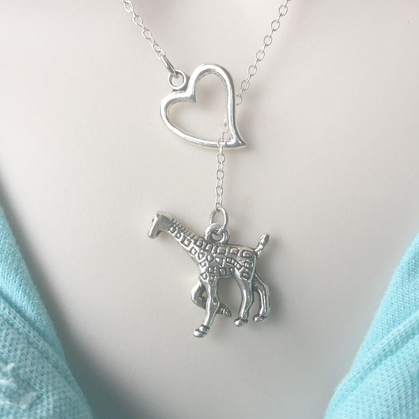 I Love Giraffe Silver Lariat Necklace.