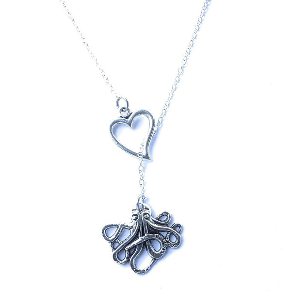 I Love Octopus Handcrafted Silver Lariat Y Necklace.