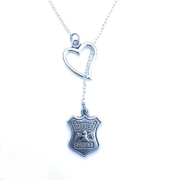 I Love PD Badge Silver Lariat Y Necklace.