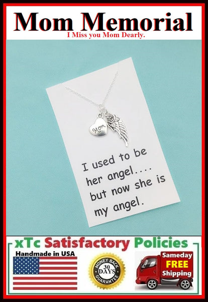 MOM Memorial; CARDED Silver Wing n Mom Charm Necklace.