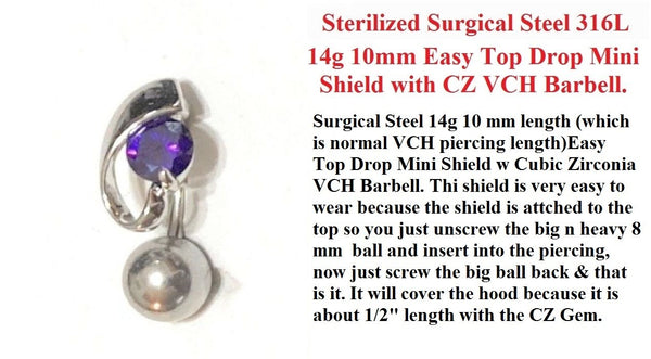 Surgical Steel 14g 10mm Length Easy Top Drop PURPLE MINI SHIELD VCH Barbell