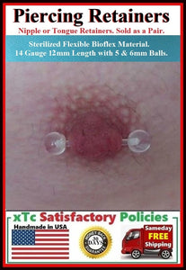 2 Sterilized 14g 12mm Length Clear Balls Flexible Bioflex Nipple Retainers.