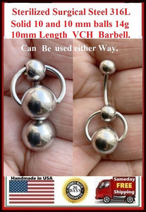 Surgical Steel Solid 10 Plus 10 mm Balls 14g REVERSIBLE VCH Barbell.