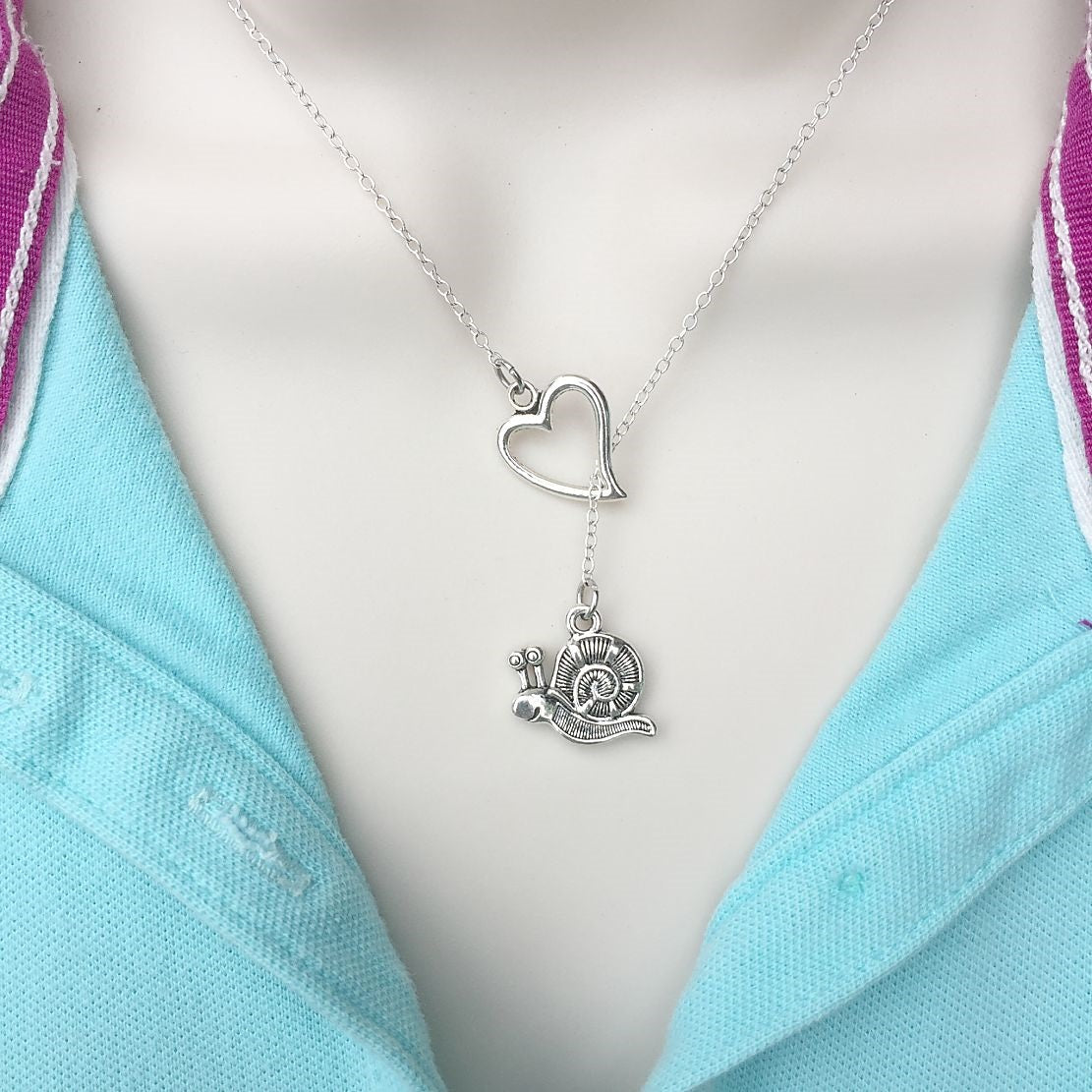 I Love Snail Handcrafted Silver Lariat Y Necklace.