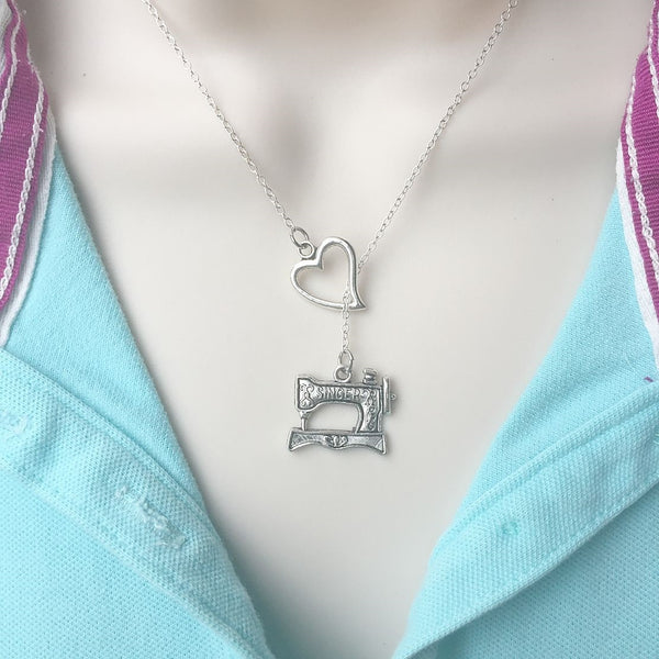 I Love Sewing Machine Silver Lariat Necklace.