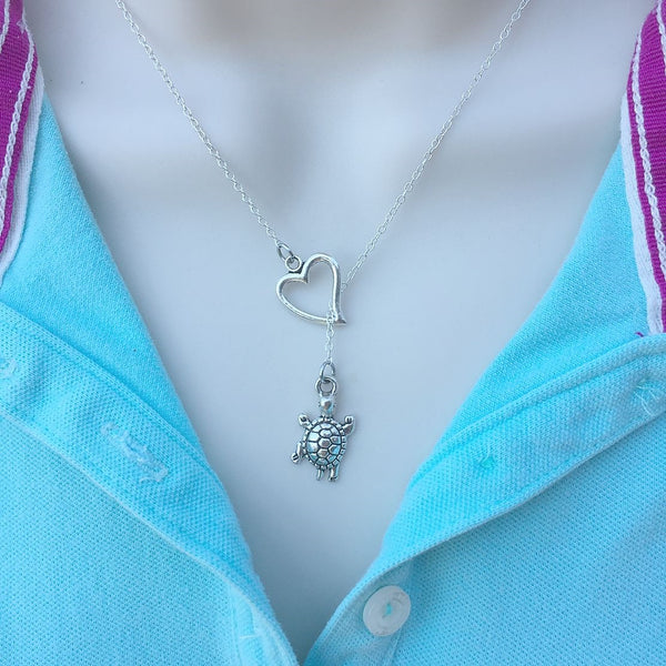 I Love Hawaiian Turtle Handcrafted Silver Lariat Y Necklace.