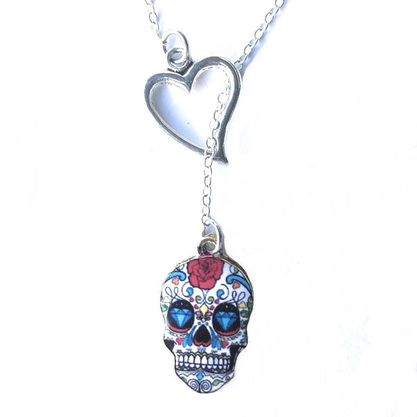 I Love Sugar Skull Handcrafted Silver Lariat Y Necklace.