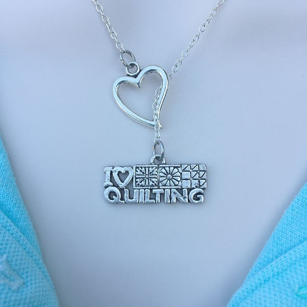 I Love Quilting Handcrafted Silver Lariat Y Necklace.