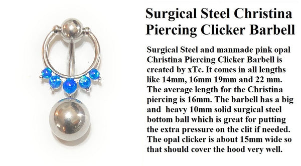 Sterilized Surgical Steel Blue Opals CHRISTINA CLICKER 14g Barbell w Heavy Ball.