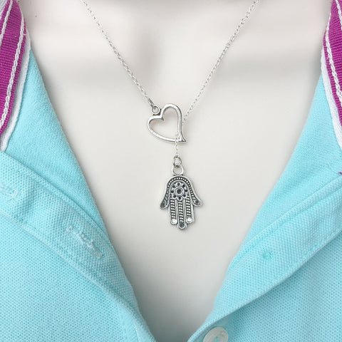 I Love Divine Hamsa Hand Handcrafted Silver Lariat Y Necklace.