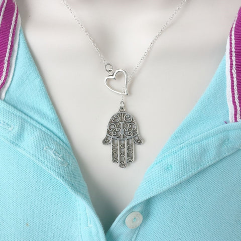 I Love Hamsa Hand Handcrafted Silver Lariat Y Necklace.