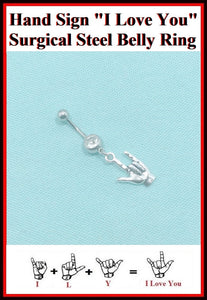 Hand Sign I Love You Charm Surgical Steel Belly Ring.