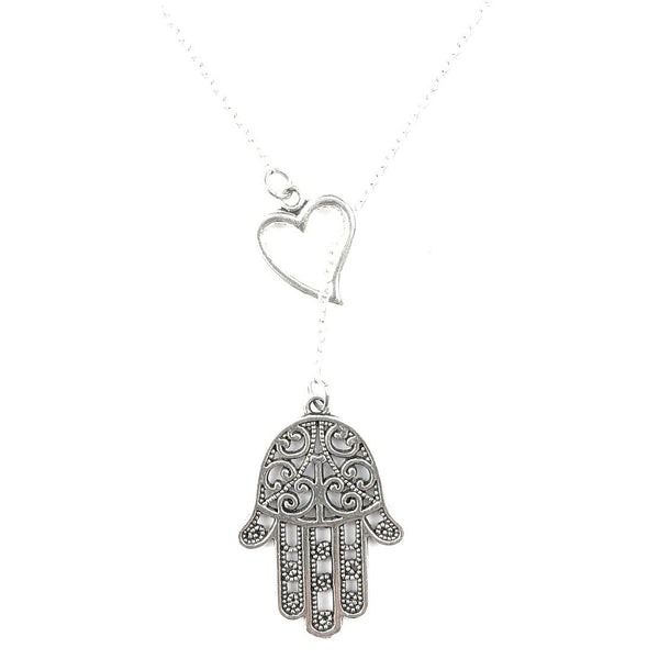 I Love Hamsa Hand Handcrafted Silver Lariat Y Necklace.