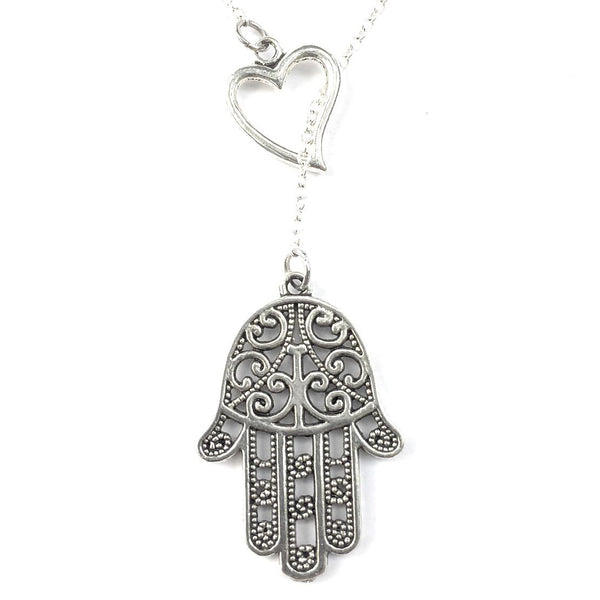 I Love Hamsa Hand Handcrafted Silver Lariat Y Necklace.