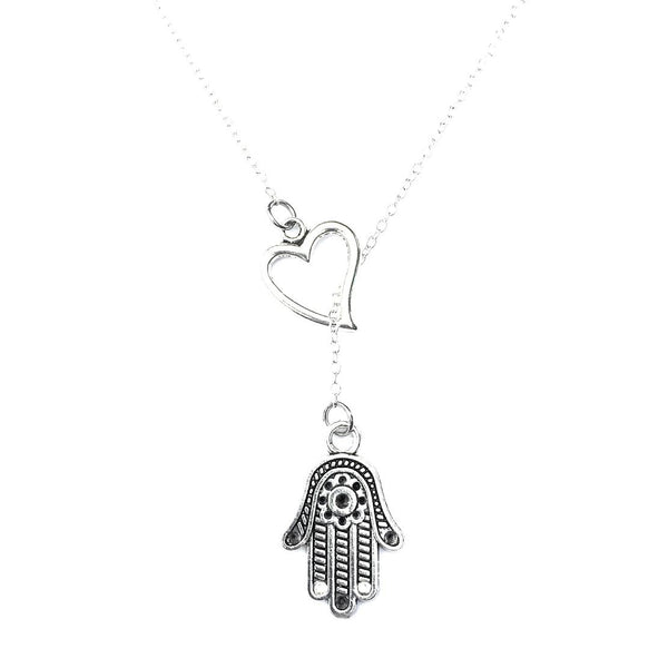 I Love Divine Hamsa Hand Handcrafted Silver Lariat Y Necklace.