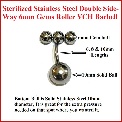 Double 6mm Gems Sterilized Surgical Steel ROLLER BALLS 14g VCH BARBELL.